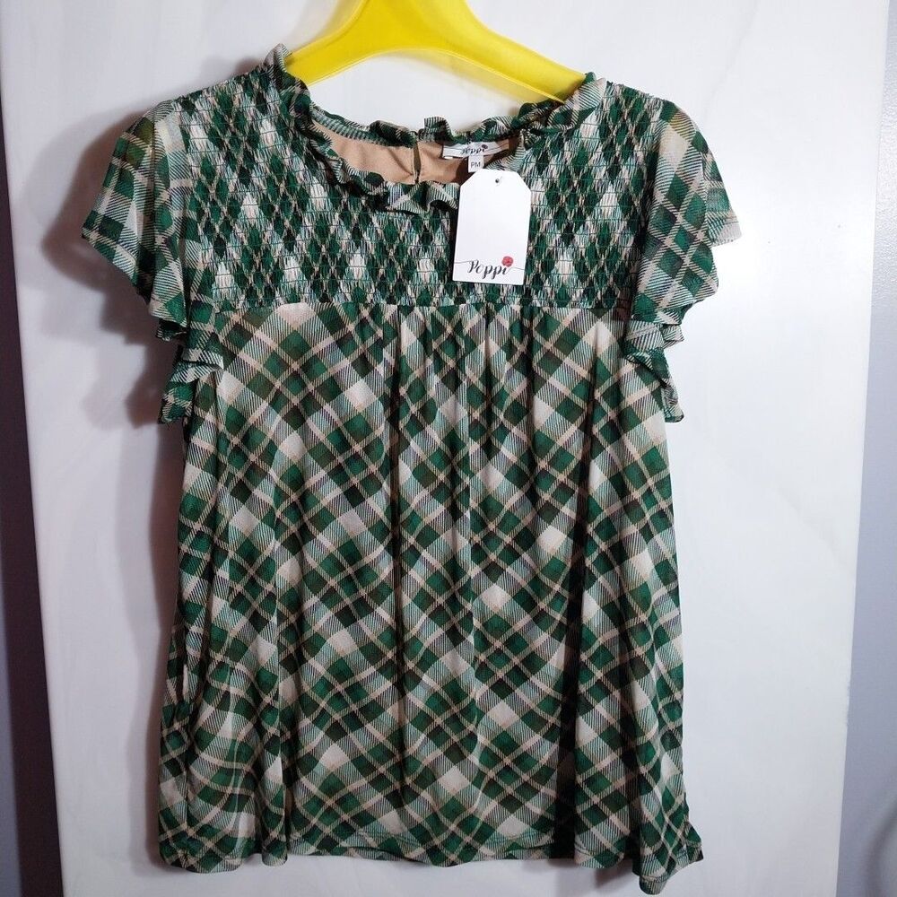 NWT Poppi Petite M Green Plaid Smocked Blouse Flutter Sleeve Cottagecore